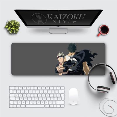 A sleek desk setup featuring a minimalist anime desk mat inspired by Black Clover. The design showcases vector art of Asta and Yami in a dynamic pose against a neutral gray background, embodying their iconic strength and camaraderie. Perfect for fans of Black Clover seeking a stylish addition to their workspace.