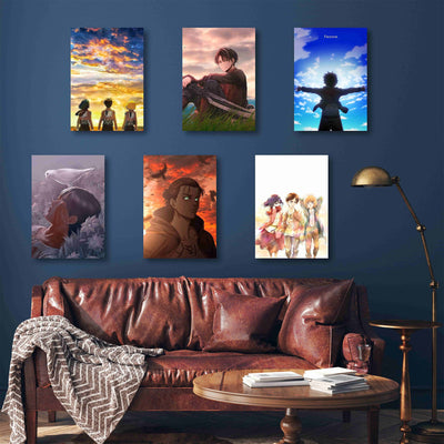 A set of six anime posters featuring iconic moments and characters from Attack on Titan. The posters depict emotional and dramatic scenes with a mix of warm, dark, and vibrant tones, enhancing the wall with an intense and immersive anime aesthetic.