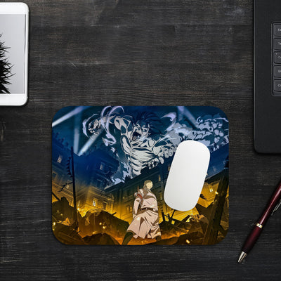This mouse pad features an intense design inspired by Attack on Titan, showcasing Eren Yeager in his Titan form against a dark, fiery cityscape. The vibrant anime artwork adds character and energy to your desk setup, while the smooth surface and non-slip base offer functionality and comfort for everyday use.