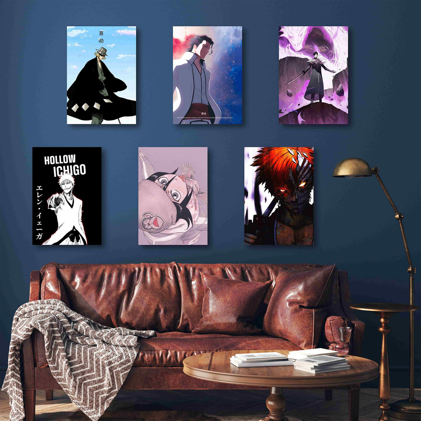 A striking set of six Bleach anime posters featuring iconic characters such as Ichigo Kurosaki, Sosuke Aizen, and others. The posters showcase different forms and personas, including Hollow Ichigo, in a mix of bold black-and-white, colorful cosmic, and intense battle-themed designs, adding a stylish and powerful atmosphere to the room.