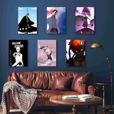 A striking set of six Bleach anime posters featuring iconic characters such as Ichigo Kurosaki, Sosuke Aizen, and others. The posters showcase different forms and personas, including Hollow Ichigo, in a mix of bold black-and-white, colorful cosmic, and intense battle-themed designs, adding a stylish and powerful atmosphere to the room.