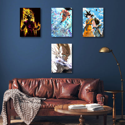 Four vibrant posters of iconic Dragon Ball anime characters, showcasing dynamic action scenes and bold colors. The posters capture the energy and essence of the Dragon Ball series. Each poster highlights a unique moment from the anime, creating a striking display.