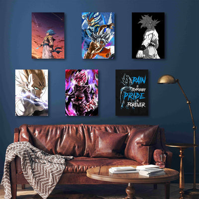 A vibrant Dragon Ball wall poster set featuring Goku, Vegeta, and other iconic characters in stunning artwork, ideal for anime fans and collectors.