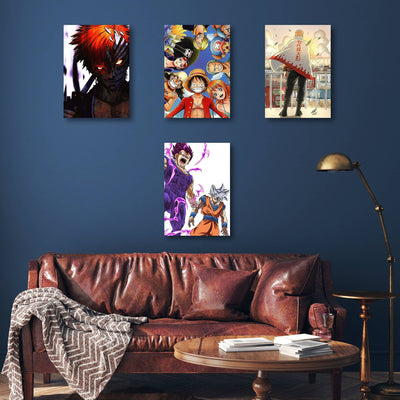 A set of four vibrant anime posters featuring iconic characters from Dragon Ball, One Piece, Naruto, and Bleach, showcasing dynamic action, bold colors, and intense moments.