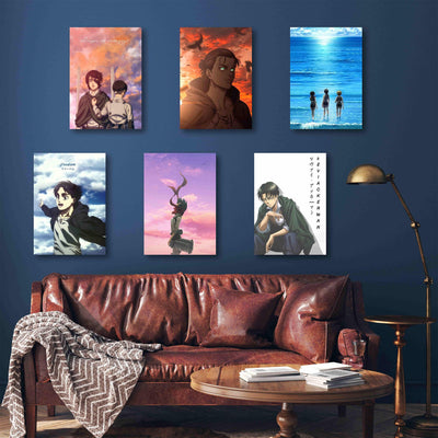 A set of six *Attack on Titan* posters showcasing powerful moments and characters, including Eren Yeager and Levi Ackerman. The posters feature dramatic skies, emotional expressions, and intense atmospheres, enhancing the wall with a bold and captivating anime aesthetic.