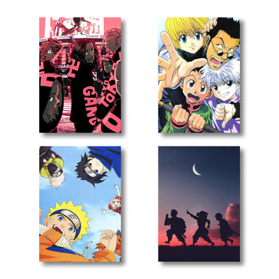 Frameless poster collection featuring beloved anime: Naruto, Hunter x Hunter, Tokyo Revengers, and Demon Slayer. The Naruto poster showcases the energetic Team 7, while Hunter x Hunter highlights Gon, Killua, Kurapika, and Leorio in a vibrant pose. Tokyo Revengers brings its edgy gang aesthetic, and Demon Slayer captures a silhouette of Tanjiro, Zenitsu, and Inosuke under a crescent moon. Celebrate the worlds of Naruto, Hunter x Hunter, Tokyo Revengers, and Demon Slayer with this stunning display
