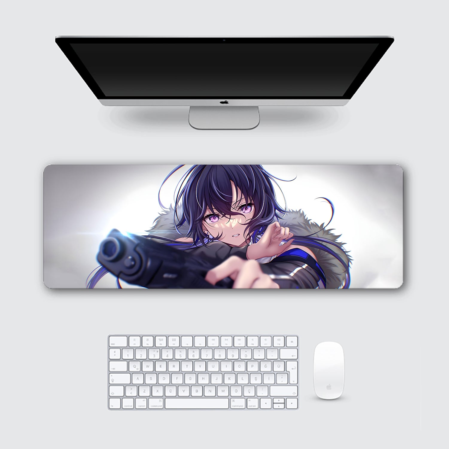 Aesthetic Anime Girl with Gun Desk Mat