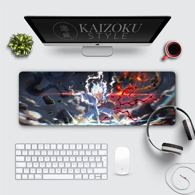 This desk mat captures Luffy's Gear 5 form in all its electrifying glory, set against a dramatic and chaotic battlefield. The vibrant colors and intense energy radiating from Luffy create an epic and powerful aesthetic, making it a perfect centerpiece for any *One Piece* fan's workspace.
