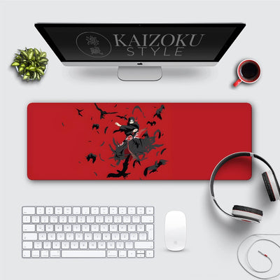 A desk mat featuring Itachi Uchiha from Naruto, known for his cunning and strategic mind. The design highlights his iconic crow summons, showcasing his mastery of ninjutsu.