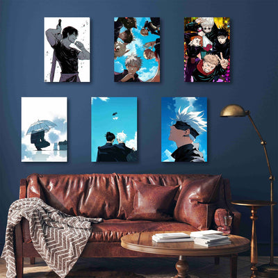 Frameless poster set from the anime Jujutsu Kaisen, featuring iconic characters in striking artwork. These Jujutsu Kaisen posters include Satoru Gojo, Yuji Itadori, Megumi Fushiguro, Nobara Kugisaki, and Toji Fushiguro, showcasing their dynamic presence. Perfect for fans of Jujutsu Kaisen, these posters capture memorable moments and vibrant visuals from the anime. Add these Jujutsu Kaisen posters to your collection for a stunning display of your favorite anime