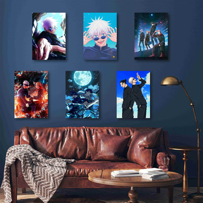This image showcases a set of frameless posters featuring characters from the anime Jujutsu Kaisen, including Gojo Satoru, Toji Fushiguro, and Suguru Geto. Each poster highlights vibrant artwork and iconic moments from the series, perfect for decorating an anime fan's space. These posters are repeated and arranged in a visually appealing layout, enhancing the aesthetic of any room.