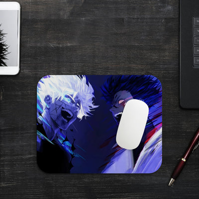 A mouse pad showcasing an intense anime-inspired face-off between two characters resembling Gojo Satoru and Ryomen Sukuna from Jujutsu Kaisen. Both characters are depicted mid-scream, with Gojo on the left glowing with vibrant blue energy, and Sukuna on the right radiating ominous red energy, set against a dark, dynamic background emphasizing the dramatic clash.