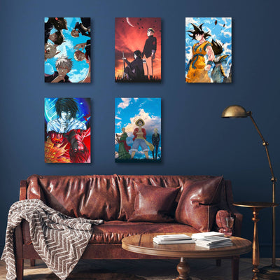 A set of five vibrant anime posters featuring iconic characters from Jujutsu Kaisen, Naruto, Death Note, Dragon Ball, and One Piece. The posters enhance the wall’s look with bold colors, dynamic artwork, and an immersive anime aesthetic, creating a stylish and energetic atmosphere.
