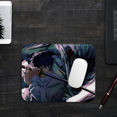 A mouse pad featuring Yuta Okkotsu and Rika Orimoto from Jujutsu Kaisen. Yuta grips his katana intensely, while Rika’s cursed spirit form looms behind him. The dynamic artwork uses dark tones and sharp highlights for a dramatic effect.