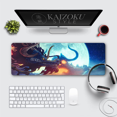 A vibrant desk mat featuring Kaido in his dragon form facing off against Luffy from One Piece. The design showcases Kaido's detailed scales and menacing expression under a glowing full moon, with a dynamic clash of fiery and celestial tones. This dramatic artwork brings an epic anime battle to life on the desk.