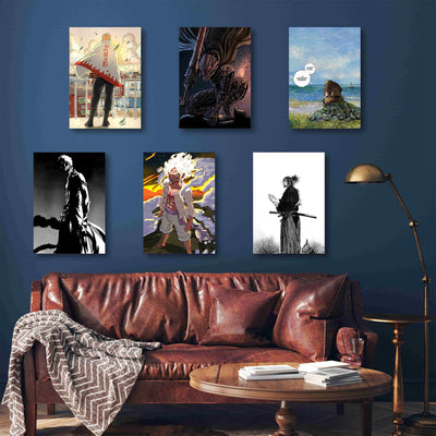 A powerful set of six anime posters featuring iconic characters from Naruto, Berserk, Vinland Saga, Bleach, One Piece, and Vagabond. The posters bring a bold and artistic touch to the space, enhancing the wall with a mix of intense action, deep storytelling, and legendary anime aesthetics.