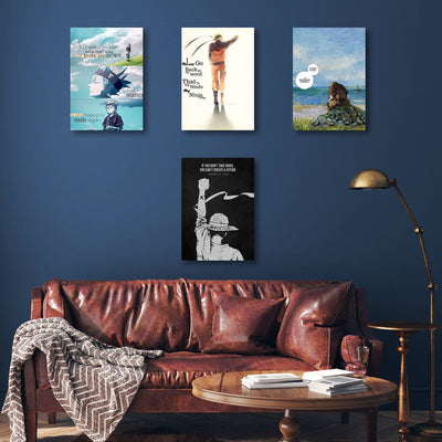 A set of four anime quote posters featuring inspirational lines from Black Clover, Naruto, Vinland Saga, and One Piece. The posters blend iconic characters with motivational text and artistic designs, enhancing the wall with a stylish and empowering anime aesthetic.