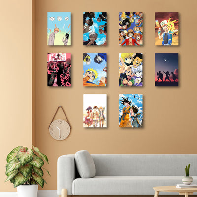 Frameless poster collection featuring iconic anime series: Bleach, Dragon Ball, Demon Slayer, Tokyo Revengers, Attack on Titan, One Piece, Naruto, Pokemon, Hunter x Hunter, and Jujutsu Kaisen. This vibrant display celebrates the most beloved anime characters and moments, making it a perfect addition for any anime enthusiast. These posters bring the essence of each anime to life, offering a stunning tribute to their timeless stories.